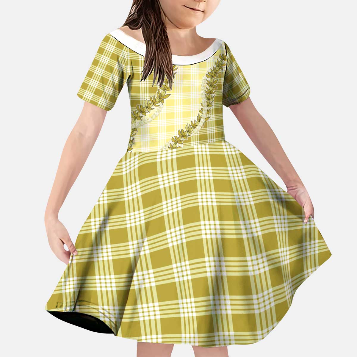 Yellow Hawaii Palaka Kid Short Sleeve Dress Hawaiian Pikake Lei LT05 KID Yellow - Polynesian Pride