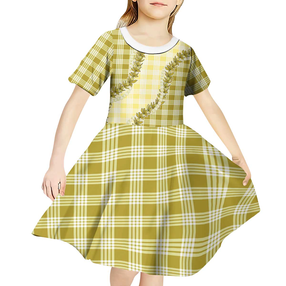 Yellow Hawaii Palaka Kid Short Sleeve Dress Hawaiian Pikake Lei LT05 - Polynesian Pride