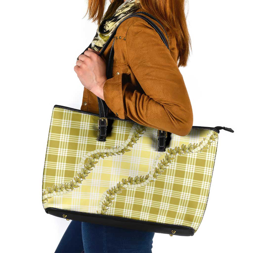 Yellow Hawaii Palaka Leather Tote Bag Hawaiian Pikake Lei