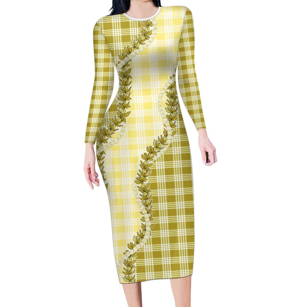 Yellow Hawaii Palaka Long Sleeve Bodycon Dress Hawaiian Pikake Lei