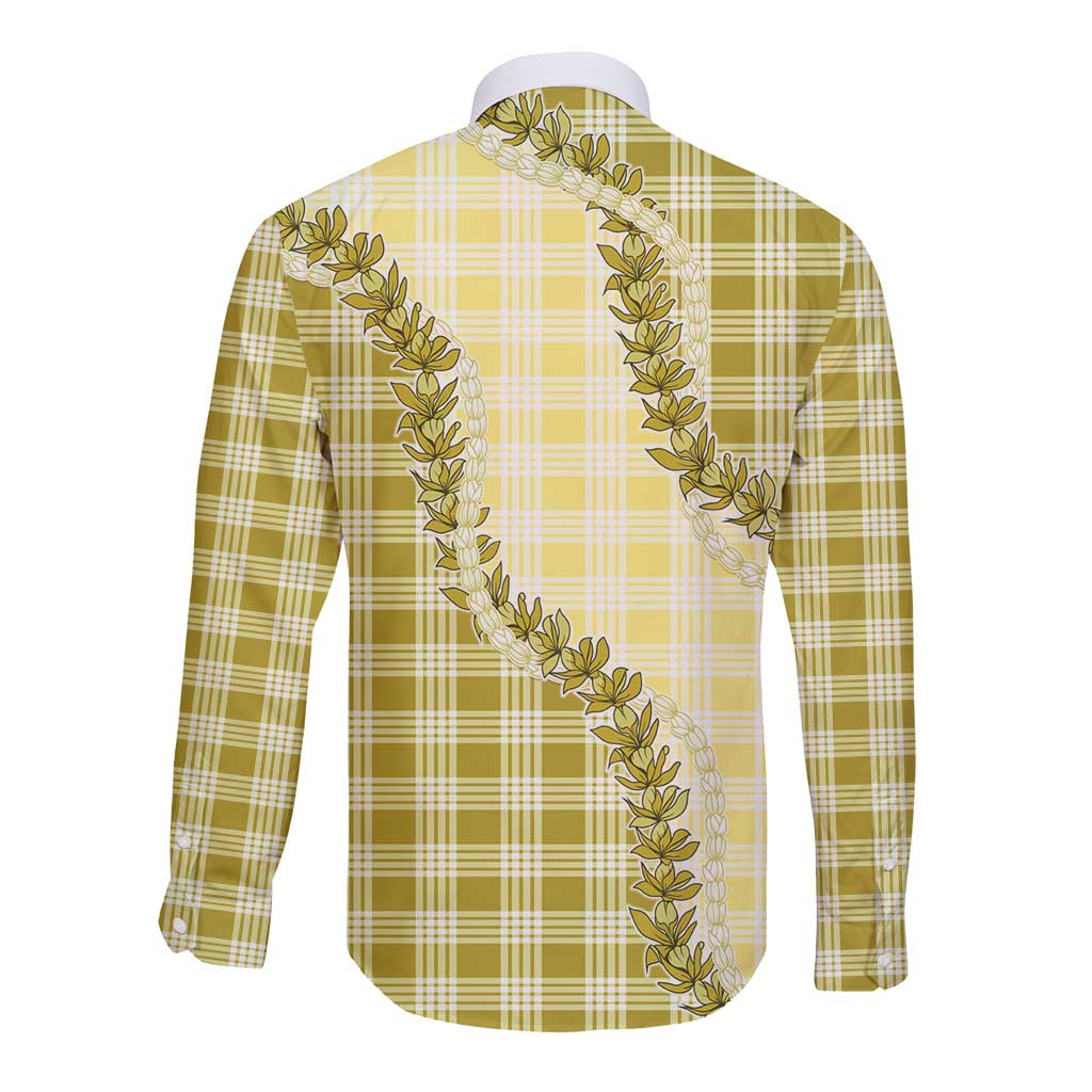 Yellow Hawaii Palaka Long Sleeve Button Shirt Hawaiian Pikake Lei