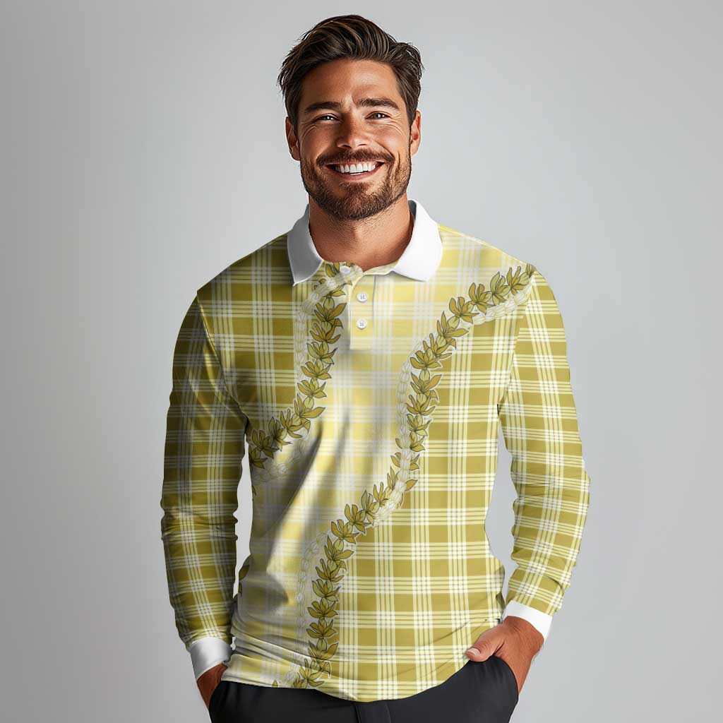 Yellow Hawaii Palaka Long Sleeve Polo Shirt Hawaiian Pikake Lei LT05 - Polynesian Pride