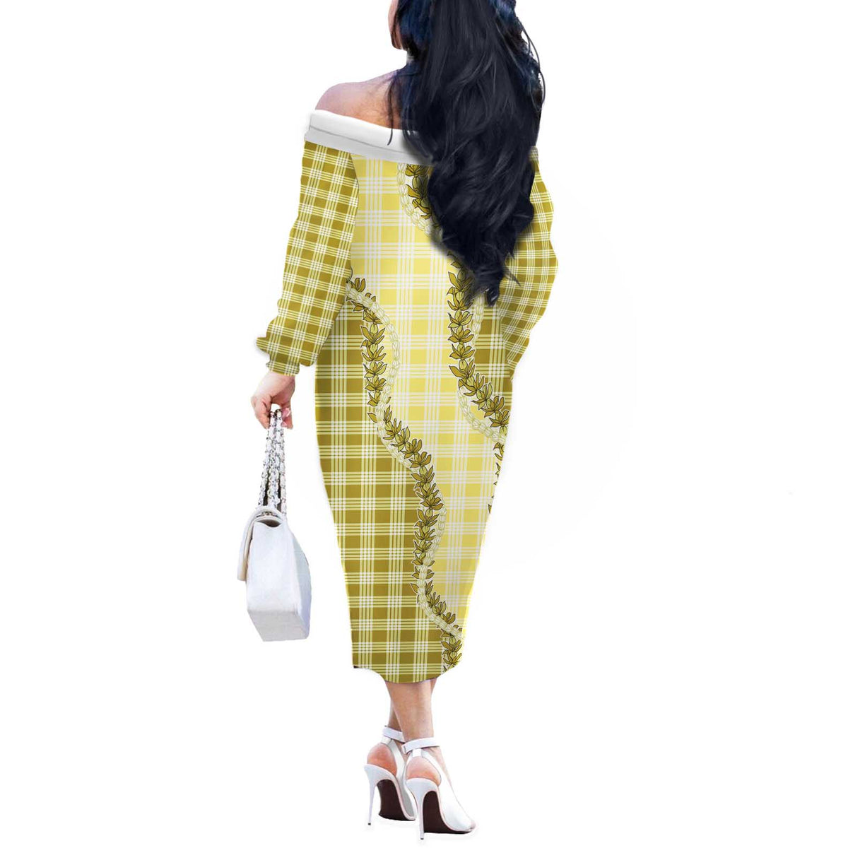 Yellow Hawaii Palaka Off The Shoulder Long Sleeve Dress Hawaiian Pikake Lei