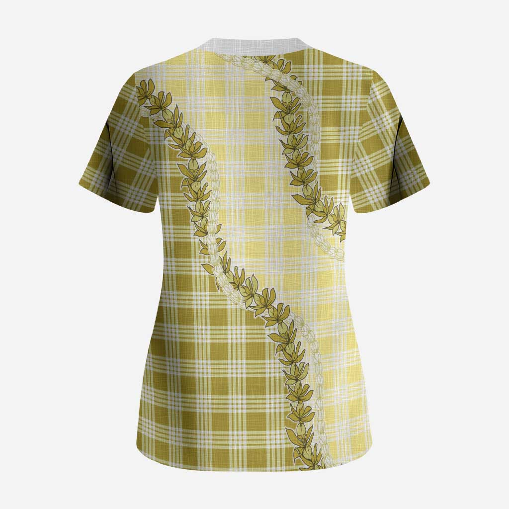 Yellow Hawaii Palaka Scrub Top Hawaiian Pikake Lei