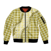 Yellow Hawaii Palaka Sleeve Zip Bomber Jacket Hawaiian Pikake Lei