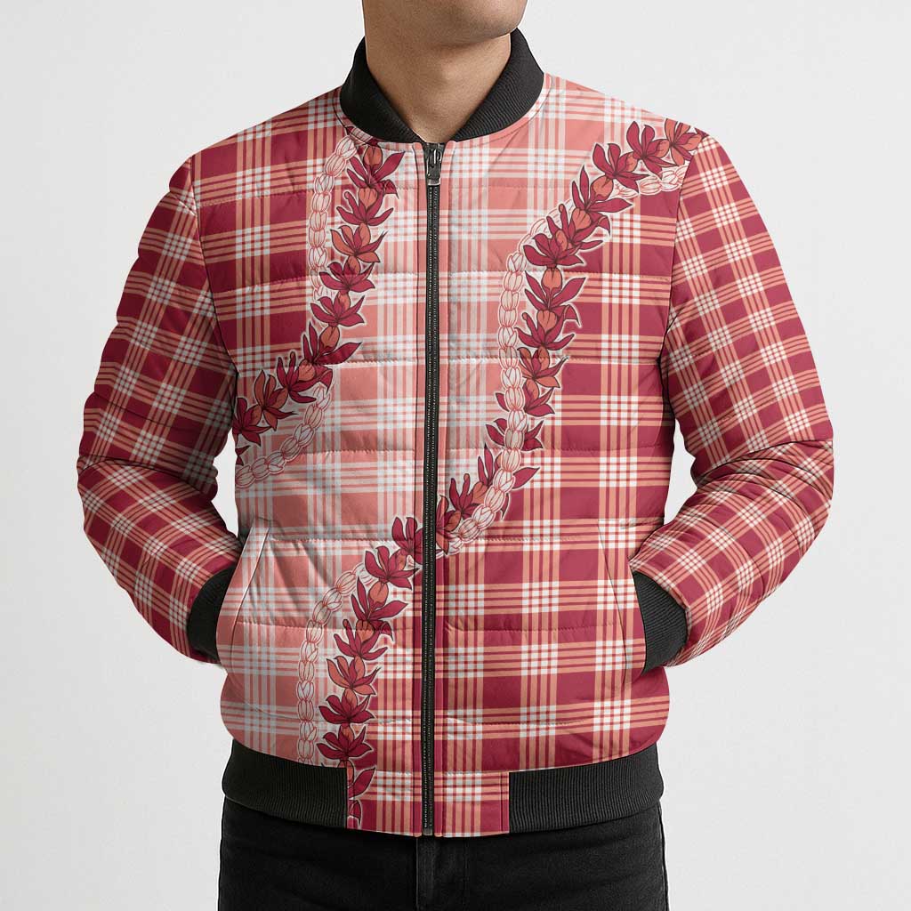 Red Hawaii Palaka Bomber Puffer Jacket Hawaiian Pikake Lei