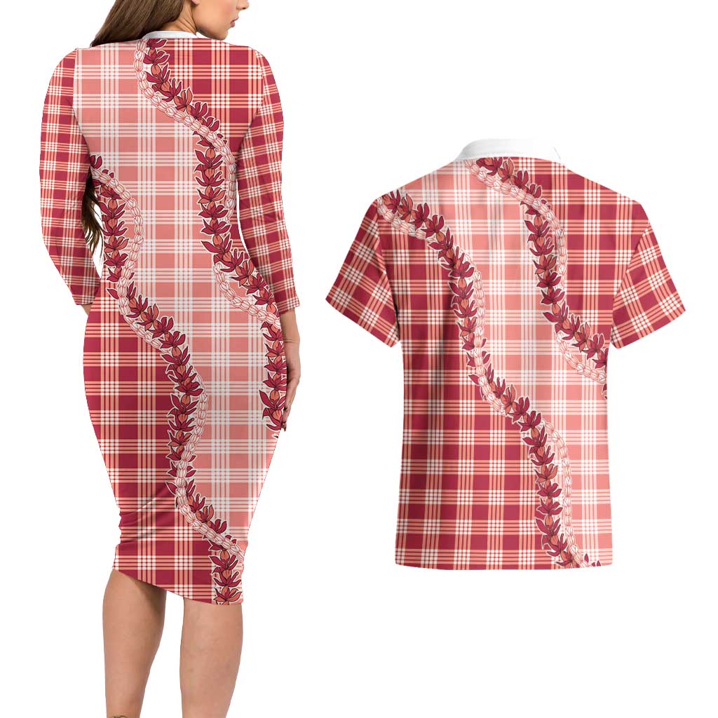 Red Hawaii Palaka Couples Matching Long Sleeve Bodycon Dress and Hawaiian Shirt Hawaiian Pikake Lei