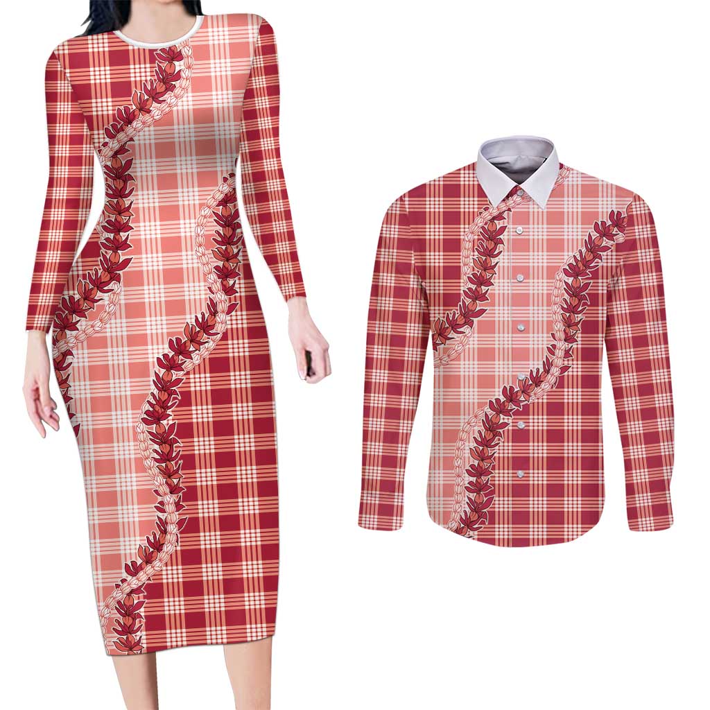 Red Hawaii Palaka Couples Matching Long Sleeve Bodycon Dress and Long Sleeve Button Shirt Hawaiian Pikake Lei