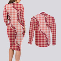 Red Hawaii Palaka Couples Matching Long Sleeve Bodycon Dress and Long Sleeve Button Shirt Hawaiian Pikake Lei