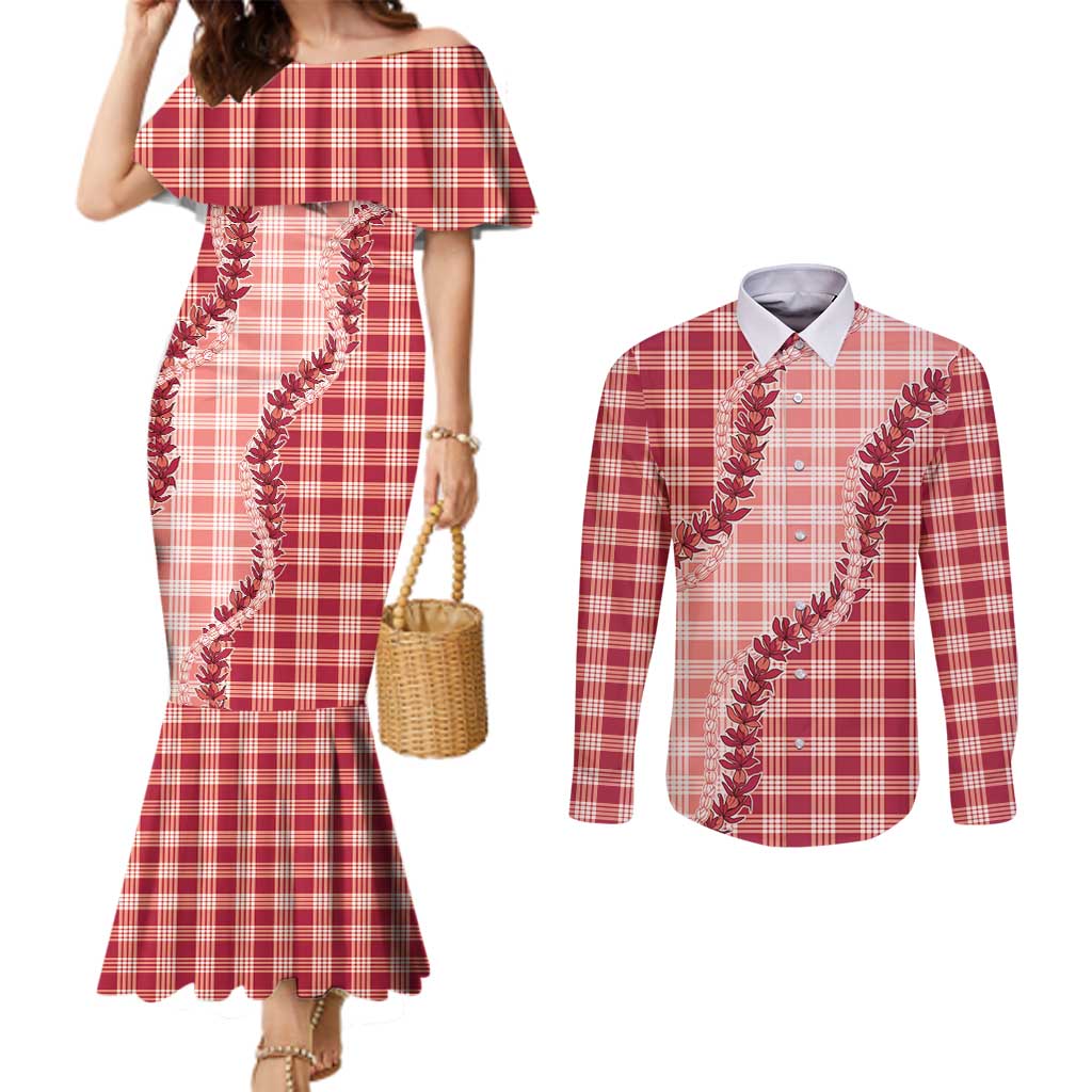 Red Hawaii Palaka Couples Matching Mermaid Dress and Long Sleeve Button Shirt Hawaiian Pikake Lei