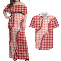 Red Hawaii Palaka Couples Matching Off Shoulder Maxi Dress and Hawaiian Shirt Hawaiian Pikake Lei