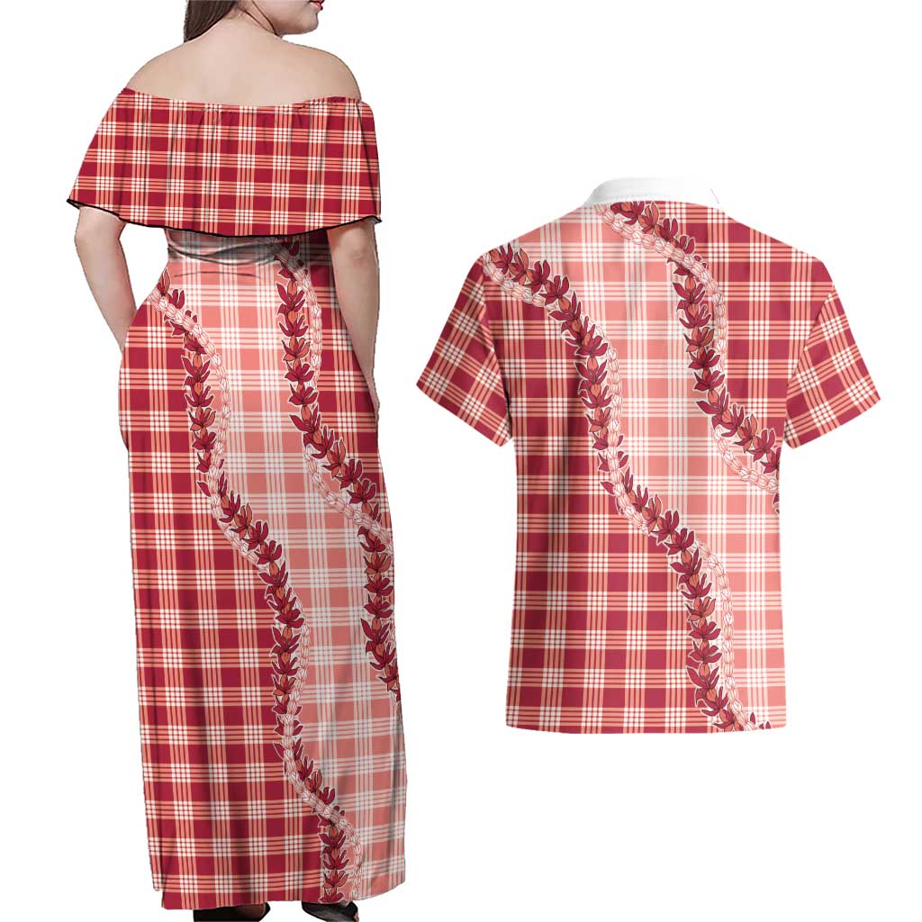 Red Hawaii Palaka Couples Matching Off Shoulder Maxi Dress and Hawaiian Shirt Hawaiian Pikake Lei
