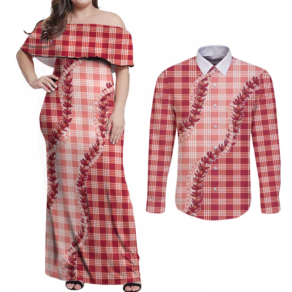 Red Hawaii Palaka Couples Matching Off Shoulder Maxi Dress and Long Sleeve Button Shirt Hawaiian Pikake Lei