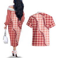 Red Hawaii Palaka Couples Matching Off The Shoulder Long Sleeve Dress and Hawaiian Shirt Hawaiian Pikake Lei