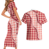 Red Hawaii Palaka Couples Matching Short Sleeve Bodycon Dress and Hawaiian Shirt Hawaiian Pikake Lei