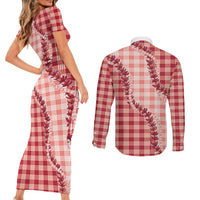 Red Hawaii Palaka Couples Matching Short Sleeve Bodycon Dress and Long Sleeve Button Shirt Hawaiian Pikake Lei