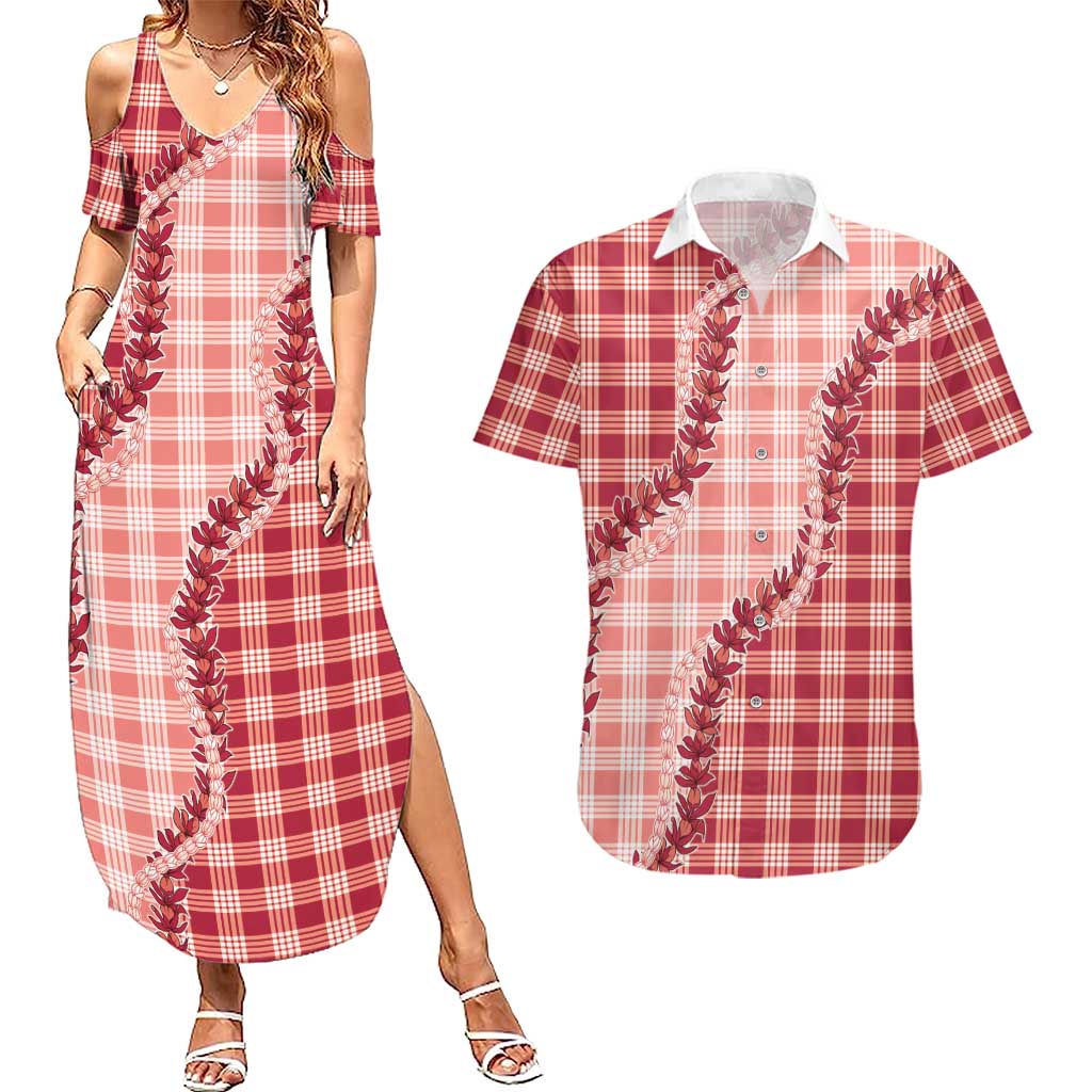 Red Hawaii Palaka Couples Matching Summer Maxi Dress and Hawaiian Shirt Hawaiian Pikake Lei