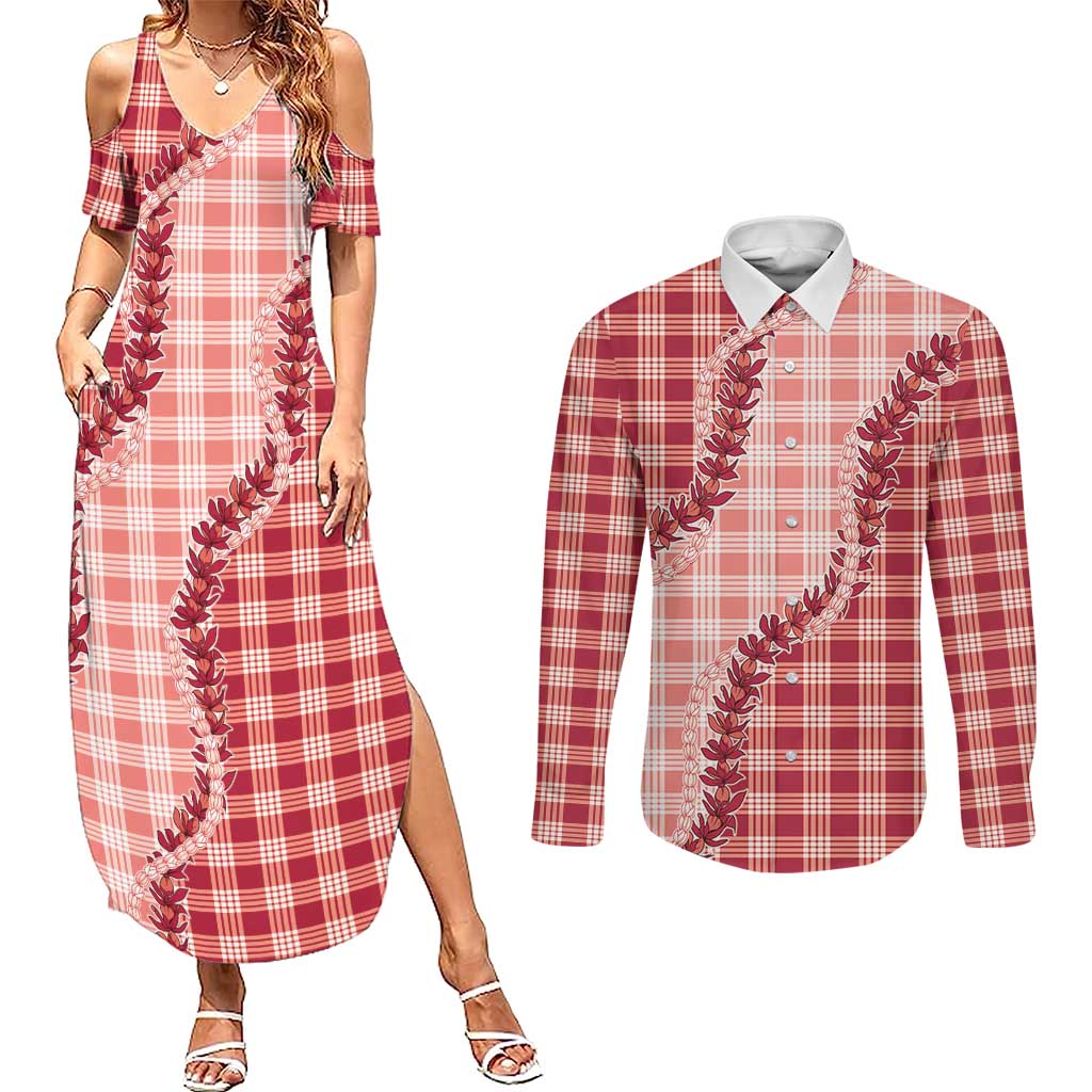 Red Hawaii Palaka Couples Matching Summer Maxi Dress and Long Sleeve Button Shirt Hawaiian Pikake Lei LT05 Red - Polynesian Pride