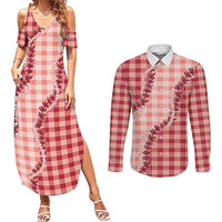 Red Hawaii Palaka Couples Matching Summer Maxi Dress and Long Sleeve Button Shirt Hawaiian Pikake Lei LT05 Red - Polynesian Pride