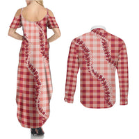 Red Hawaii Palaka Couples Matching Summer Maxi Dress and Long Sleeve Button Shirt Hawaiian Pikake Lei LT05 - Polynesian Pride