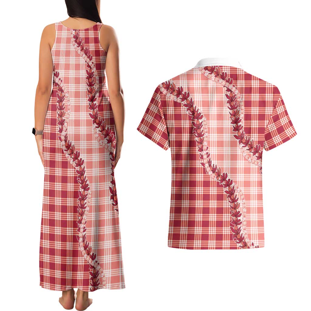 Red Hawaii Palaka Couples Matching Tank Maxi Dress and Hawaiian Shirt Hawaiian Pikake Lei