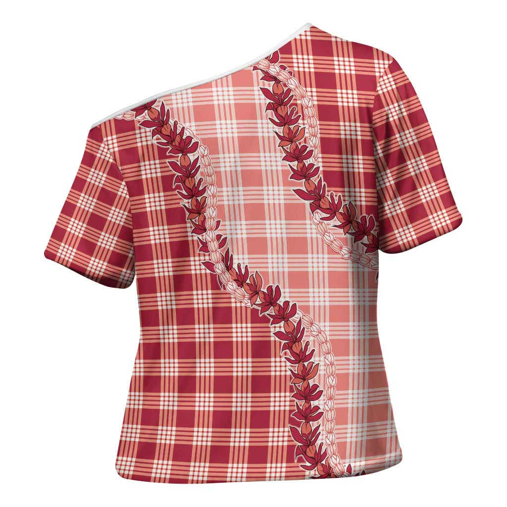 Red Hawaii Palaka Cross Shoulder Shirt Hawaiian Pikake Lei