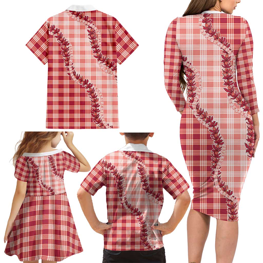 Red Hawaii Palaka Family Matching Long Sleeve Bodycon Dress and Hawaiian Shirt Hawaiian Pikake Lei