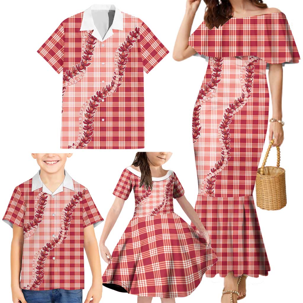 Red Hawaii Palaka Family Matching Mermaid Dress and Hawaiian Shirt Hawaiian Pikake Lei