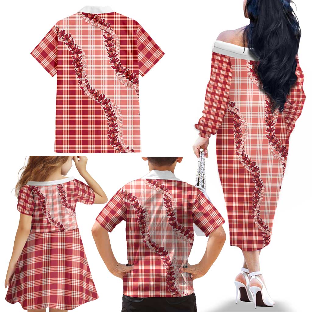 Red Hawaii Palaka Family Matching Off The Shoulder Long Sleeve Dress and Hawaiian Shirt Hawaiian Pikake Lei