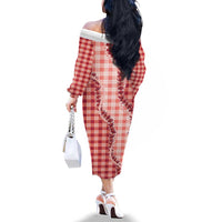 Red Hawaii Palaka Family Matching Off The Shoulder Long Sleeve Dress and Hawaiian Shirt Hawaiian Pikake Lei