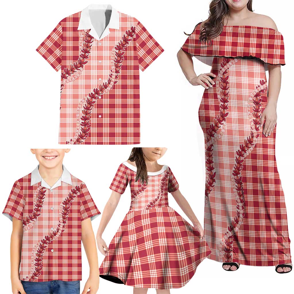 Red Hawaii Palaka Family Matching Off Shoulder Maxi Dress and Hawaiian Shirt Hawaiian Pikake Lei