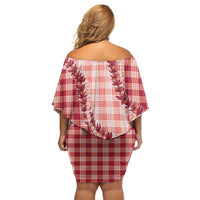 Red Hawaii Palaka Family Matching Off Shoulder Short Dress and Hawaiian Shirt Hawaiian Pikake Lei