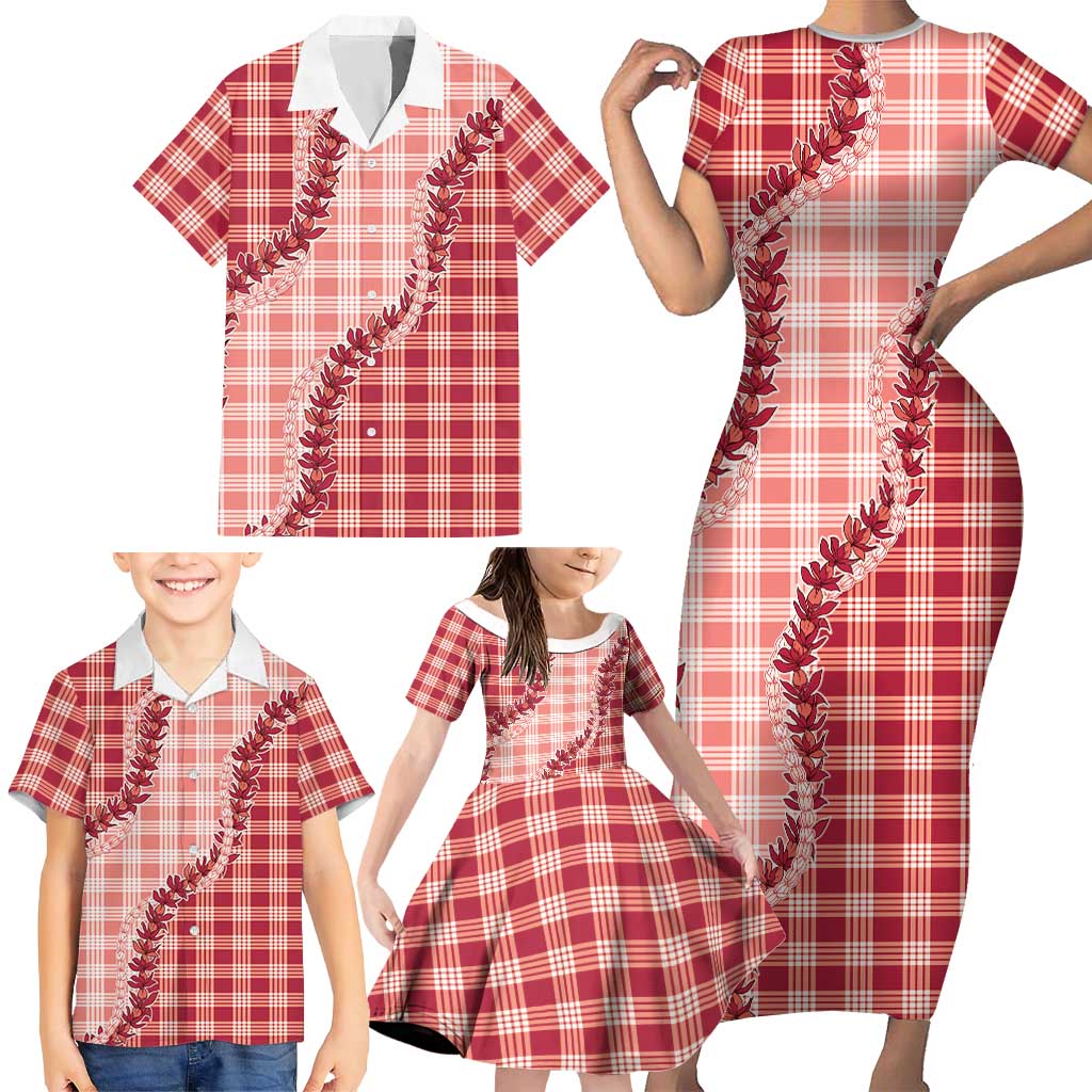 Red Hawaii Palaka Family Matching Short Sleeve Bodycon Dress and Hawaiian Shirt Hawaiian Pikake Lei