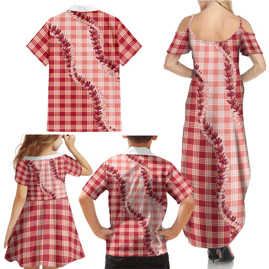 Red Hawaii Palaka Family Matching Summer Maxi Dress and Hawaiian Shirt Hawaiian Pikake Lei