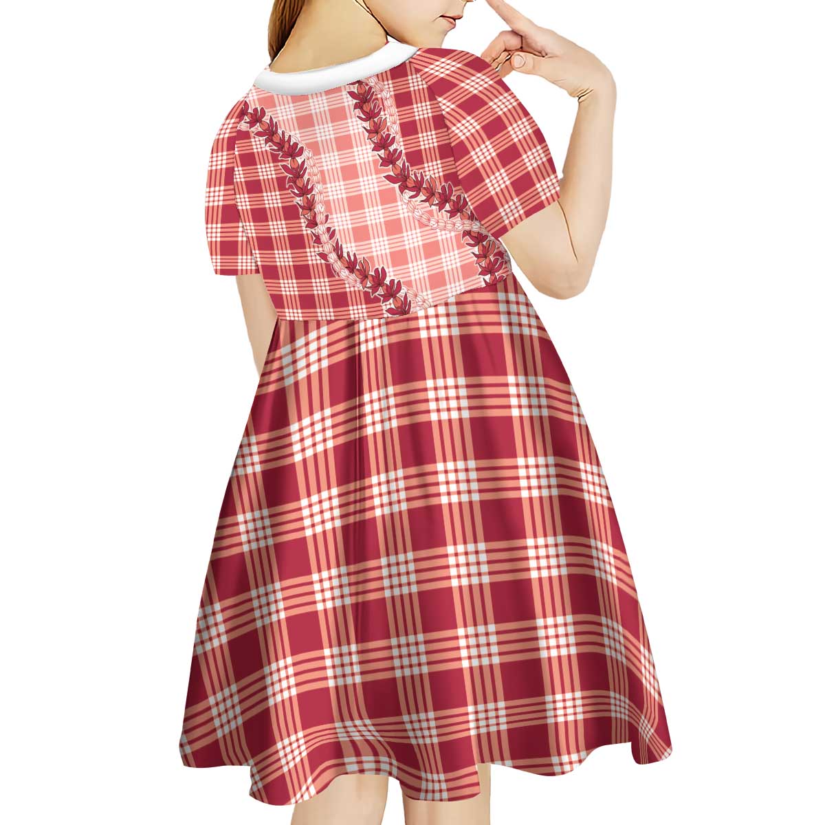 Red Hawaii Palaka Kid Short Sleeve Dress Hawaiian Pikake Lei