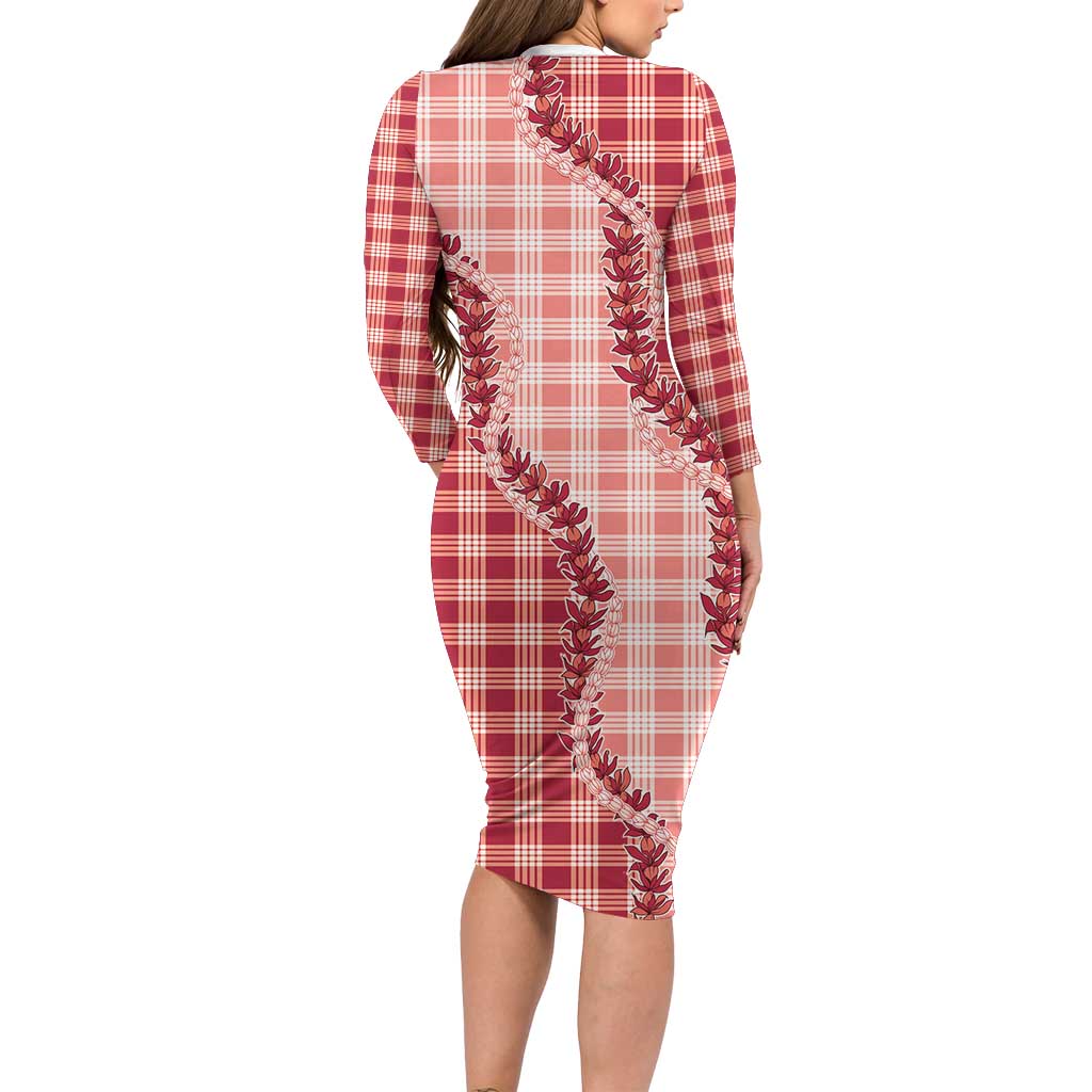Red Hawaii Palaka Long Sleeve Bodycon Dress Hawaiian Pikake Lei LT05 - Polynesian Pride
