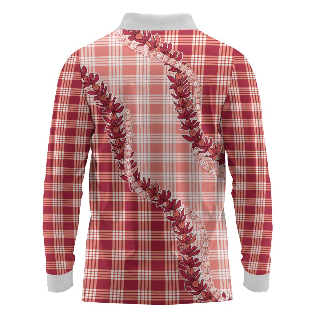 Red Hawaii Palaka Long Sleeve Polo Shirt Hawaiian Pikake Lei