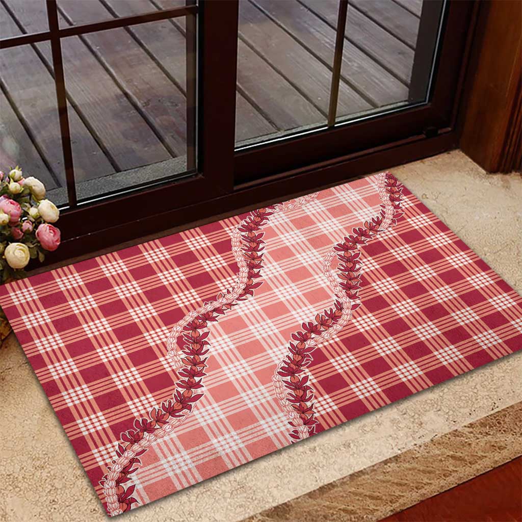 Red Hawaii Palaka Rubber Doormat Hawaiian Pikake Lei