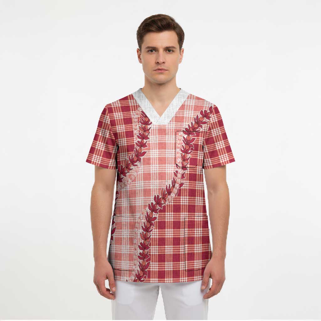 Red Hawaii Palaka Scrub Top Hawaiian Pikake Lei