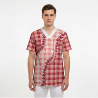 Red Hawaii Palaka Scrub Top Hawaiian Pikake Lei