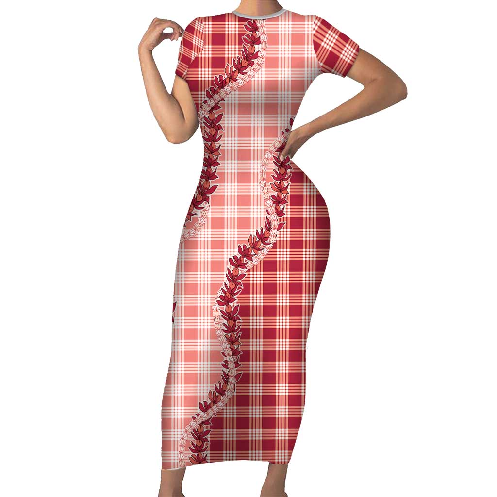 Red Hawaii Palaka Short Sleeve Bodycon Dress Hawaiian Pikake Lei LT05 Long Dress Red - Polynesian Pride