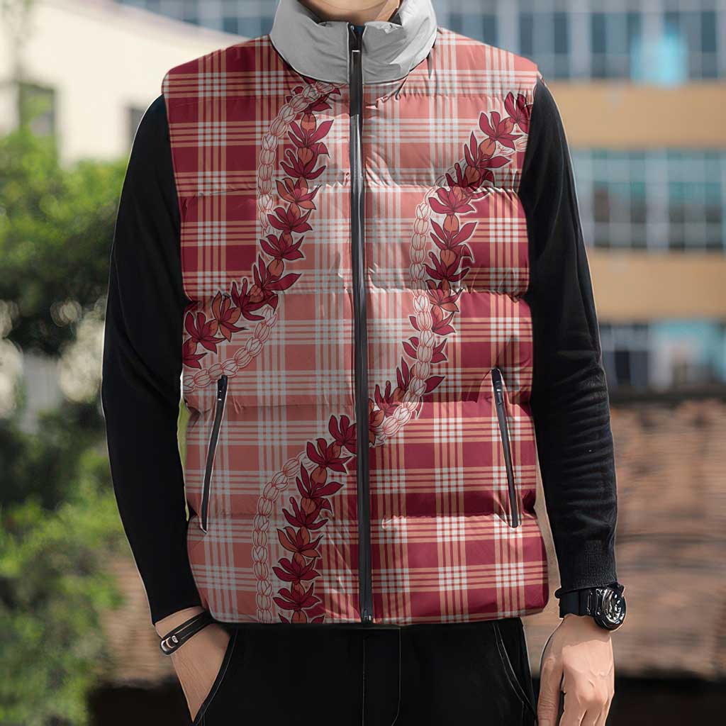 Red Hawaii Palaka Sleeveless Puffer Jacket Hawaiian Pikake Lei