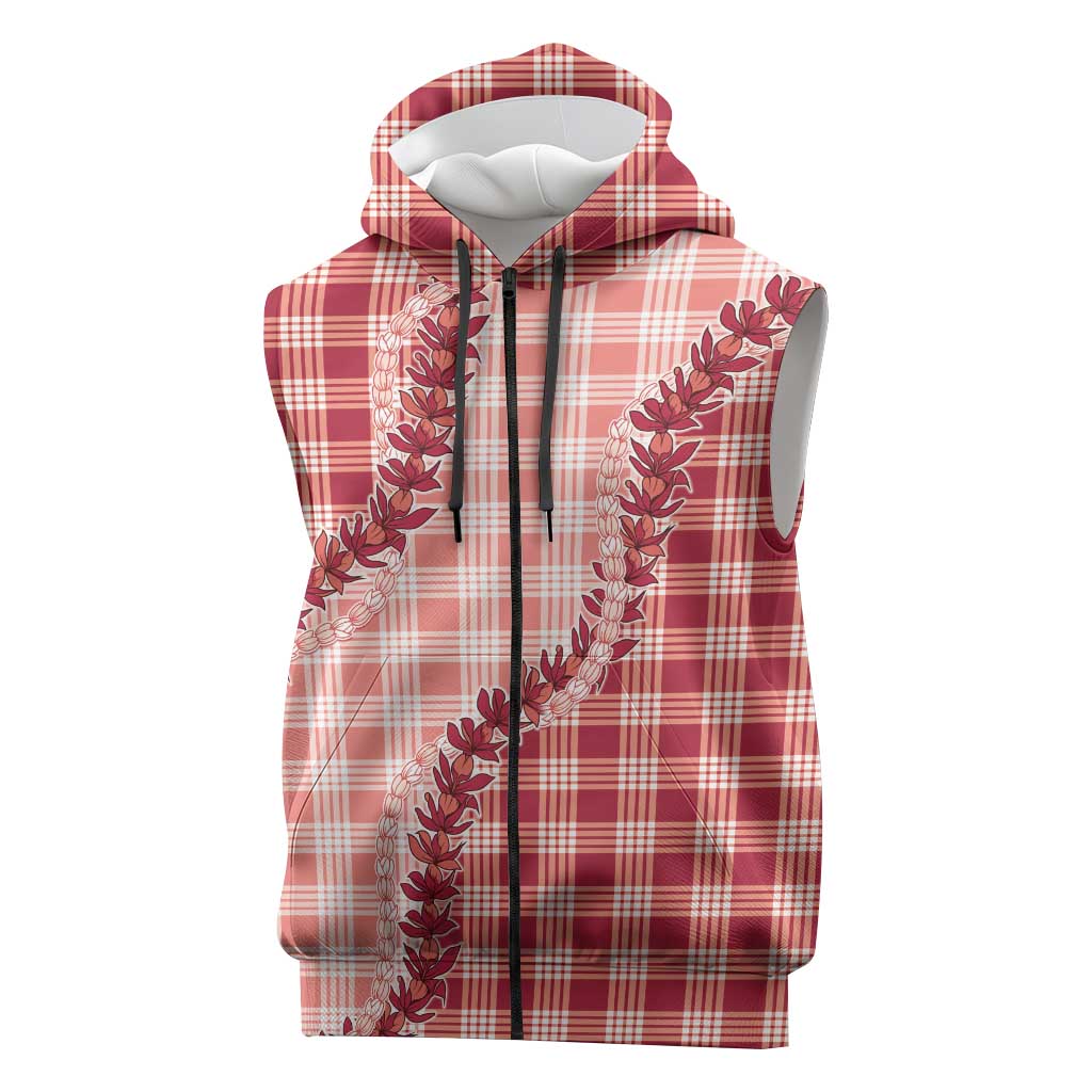 Red Hawaii Palaka Sleeveless Zip Hoodie Hawaiian Pikake Lei