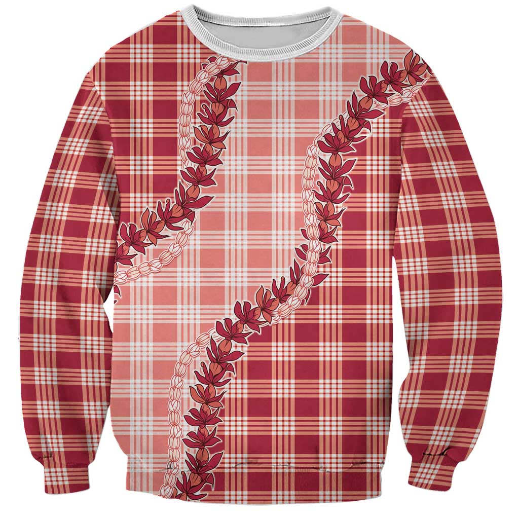 Red Hawaii Palaka Sweatshirt Hawaiian Pikake Lei