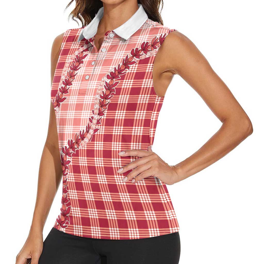 Red Hawaii Palaka Women Sleeveless Polo Shirt Hawaiian Pikake Lei