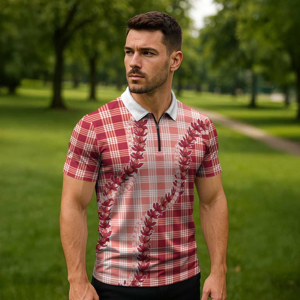 Red Hawaii Palaka Zipper Polo Shirt Hawaiian Pikake Lei