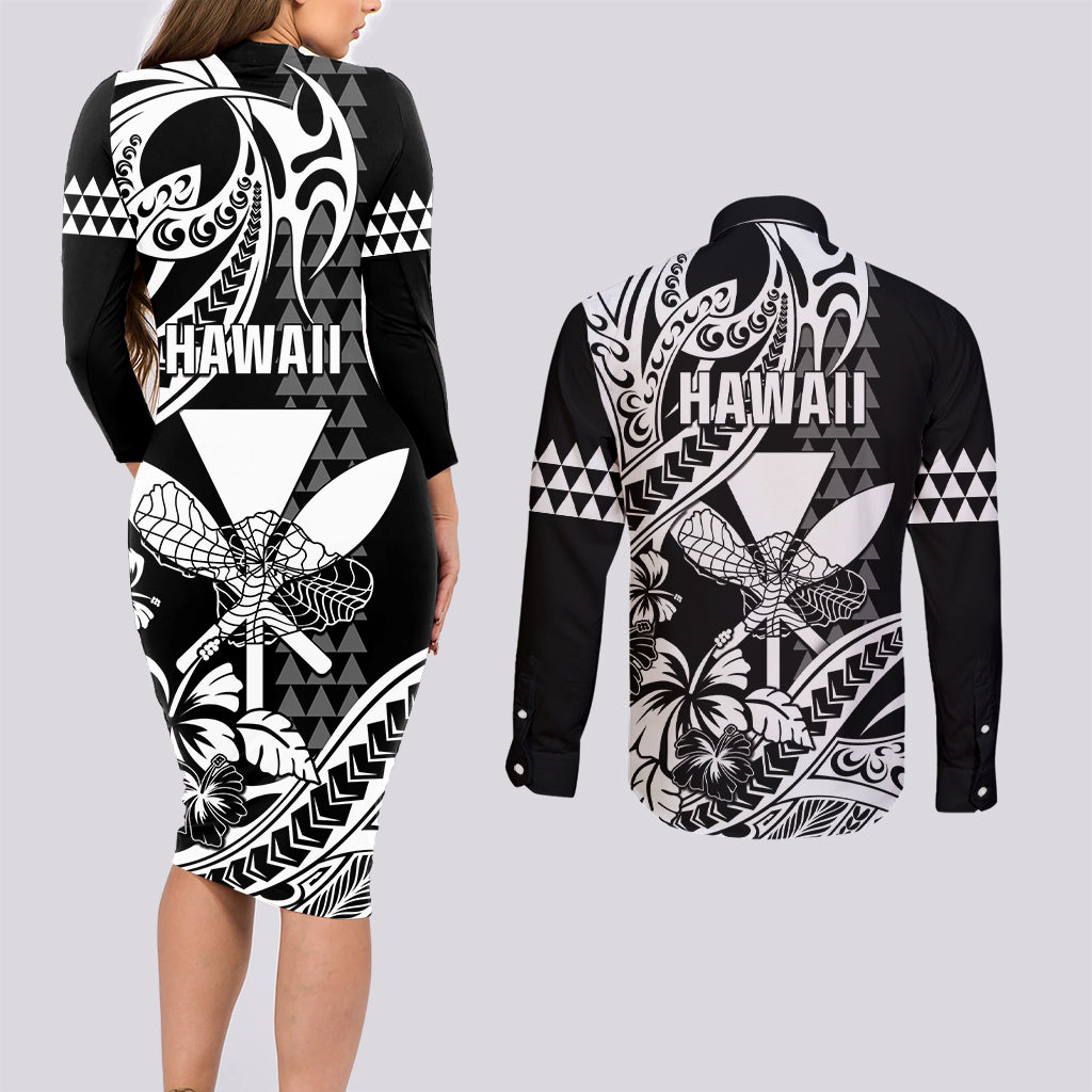 Hawaii Maui Upena Kiloi Couples Matching Long Sleeve Bodycon Dress and Long Sleeve Button Shirt Kakau Tribal Pattern Black Version