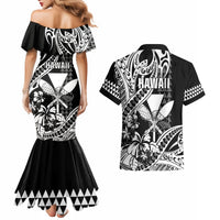 Hawaii Maui Upena Kiloi Couples Matching Mermaid Dress and Hawaiian Shirt Kakau Tribal Pattern Black Version