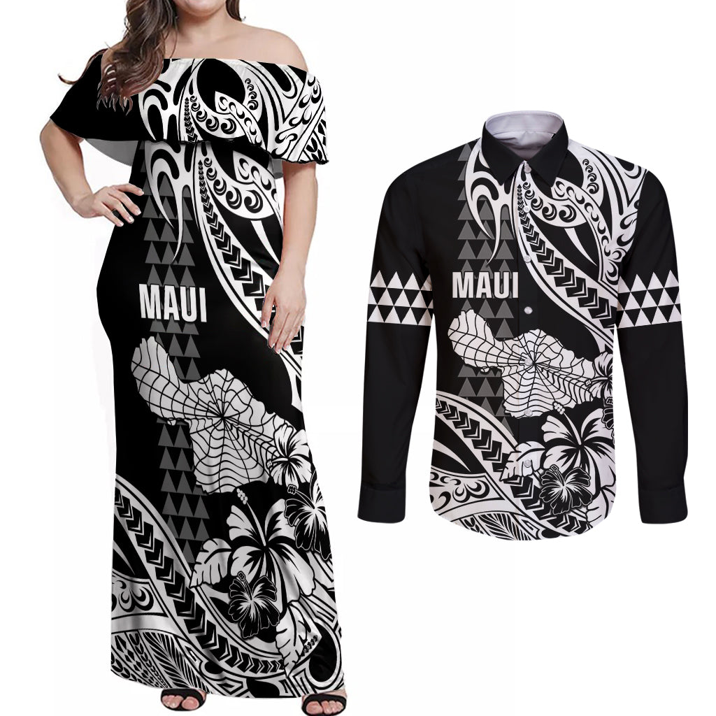Hawaii Maui Upena Kiloi Couples Matching Off Shoulder Maxi Dress and Long Sleeve Button Shirt Kakau Tribal Pattern Black Version