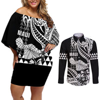 Hawaii Maui Upena Kiloi Couples Matching Off Shoulder Short Dress and Long Sleeve Button Shirt Kakau Tribal Pattern Black Version